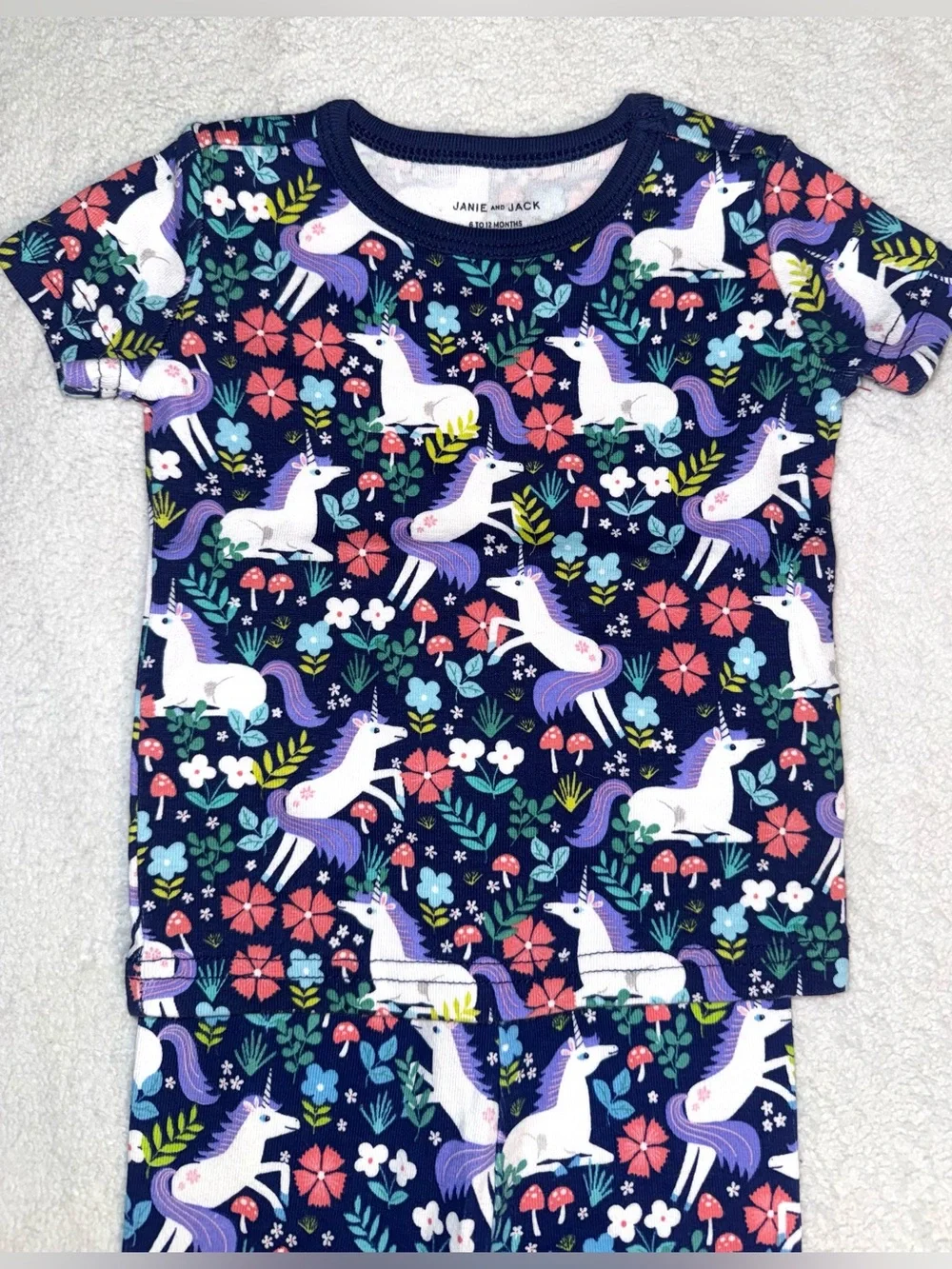 Janie and Jack Girls Navy Unicorn and Floral Pajama Set, size 6-12 mos, NWOT